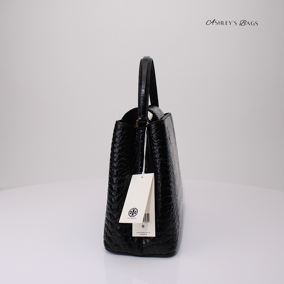 Tory Burch Britten Croc Embossed Small Satchel Crossbody In Black - Picture 4 of 12